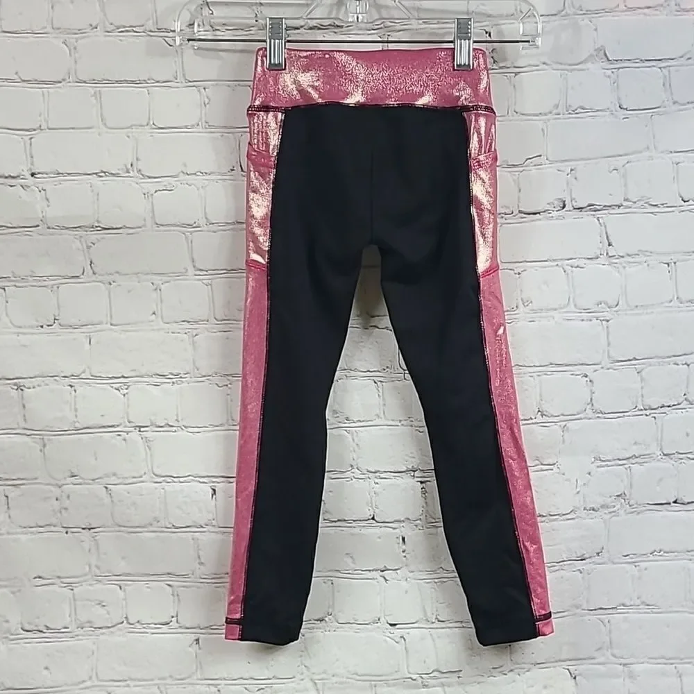 Justice Girls Leggings XS 5/6 Black Pink Shimmer Athletic Side Pocket Activewear
